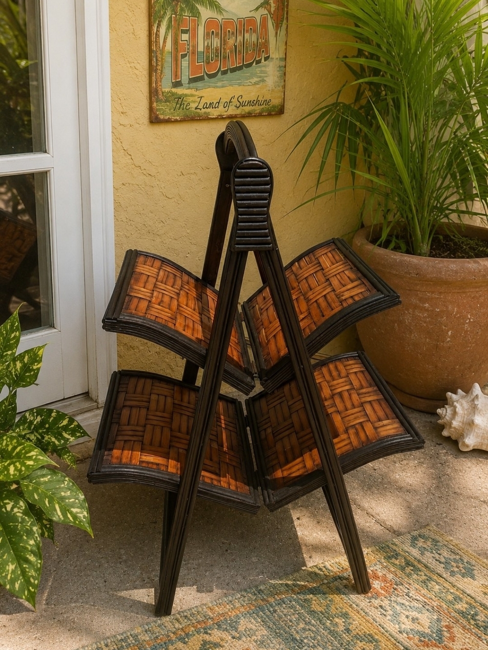 Vintage Bamboo & Tortoise-Style Folding Magazine Rack Mid Century Modern